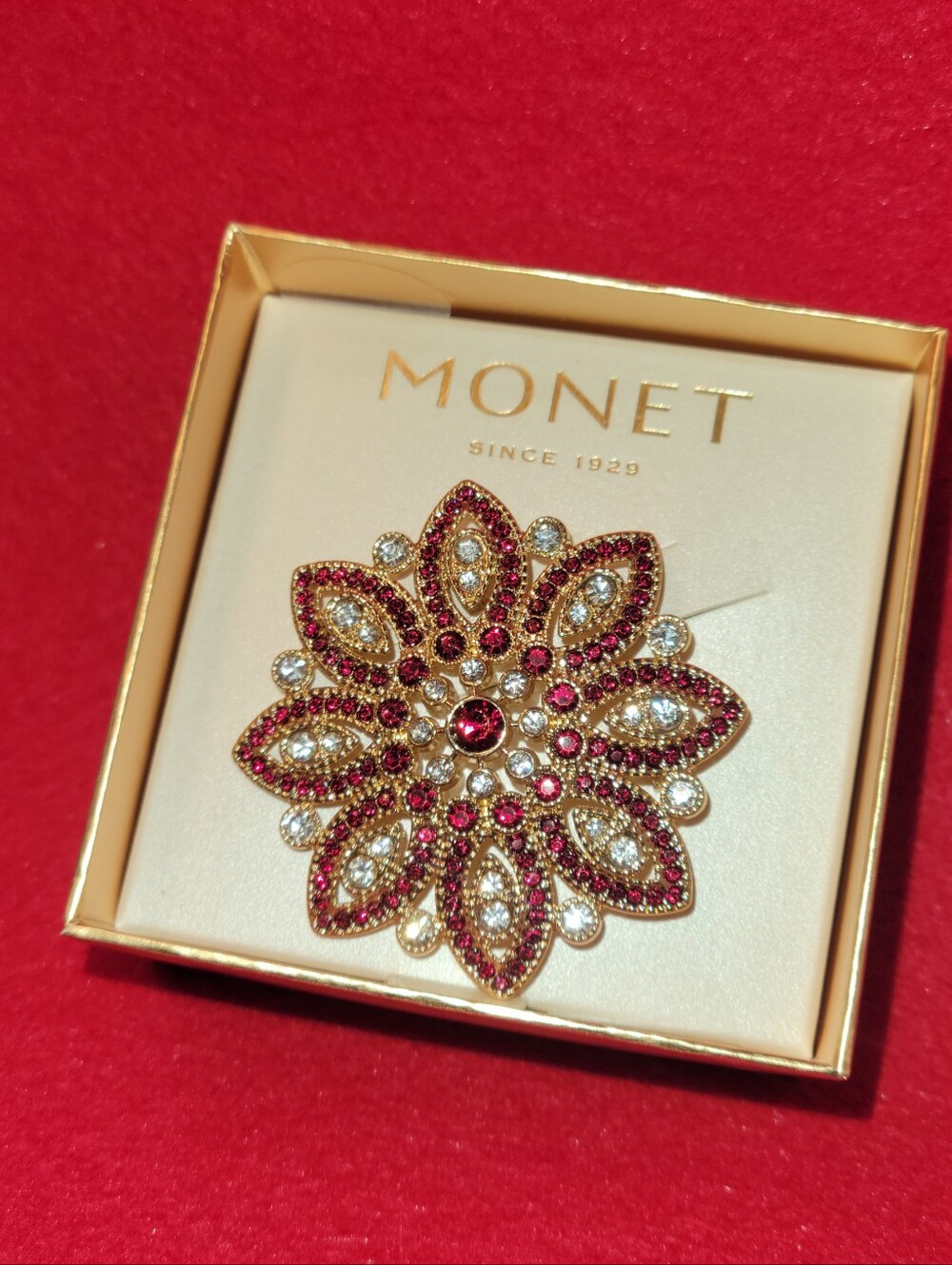 Monet Gold-Tone Red and Clear Floral Crystal Brooch